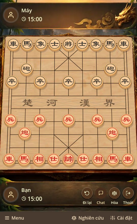 Bàn cờ tướng trong game: quân đỏ ở dưới, quân đen ở trên, giữa bàn là dòng sông Sở Hà Hán Giới.